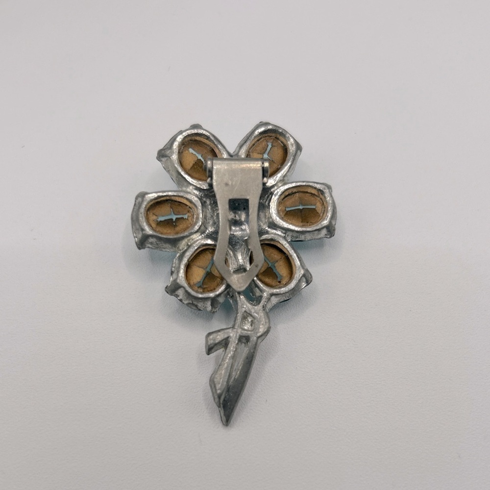 Vintage Blue Turquoise Flower Brooch Silvertone Rhinestones and faceted …​​​​​​​ - Picture 3 of 7